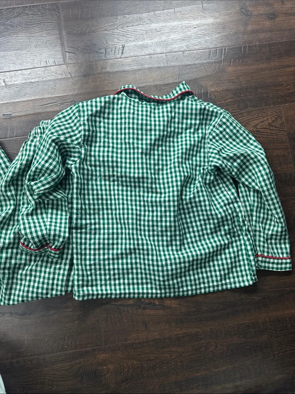 Sweet Dreams Green and White Gingham Pajama Set with Red Trim(button missing b44